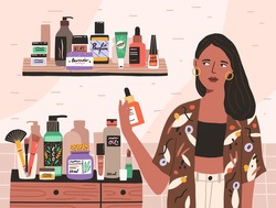 Young woman choosing and taking skincare beauty cosmetic product. Shelves with bottles and packagings of cosmetics and perfumes. Colored flat vector illustration of lady holding lotion or moisturizer