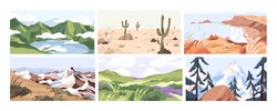 Set of empty landscapes and sceneries with snowy mountain tops, hills, field, lake, sea and desert. Collection of scenic nature views in spring, summer and autumn. Colored flat vector illustration