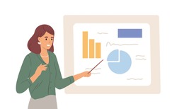 Female speaker pointing at presentation on white board during business seminar. Office worker showing report at whiteboard with pointer. Isolated flat graphic vector illustration of woman at flipchart