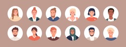 Circle avatars with young people's faces. Portraits of diverse men and women of different races. Set of user profiles. Round icons with happy smiling humans. Colored flat vector illustration