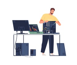 Sysadmin repairing computer. Technician mending PC hardware. Repairman working with system unit and tools. Colored flat vector illustration of technical specialist isolated on white background