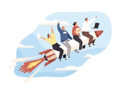 Launch of business startup concept. Team of entrepreneurs flying up on rocket. Group of people on way to success, developing and achieving goals. Flat vector illustration isolated on white background