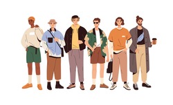Group portrait of fashion men in modern trendy outfits. Young people wearing stylish casual summer clothes. Colored flat graphic vector illustration of fashionable man isolated on white background