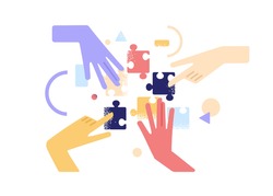 Human hands joining and connecting puzzle pieces together. Teamwork and partnership concept. Business team finding solution and solving problem with jigsaw. Flat vector illustration isolated on white