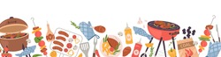Border with BBQ party food. Long banner with barbecue grill, roasted meat, vegetables, sausages, braziers, tools on white background. Barbeque stuff and place for text. Flat vector illustration