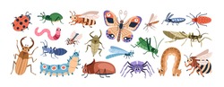 Cute cartoon insect characters set. Funny happy small bugs, butterflies, caterpillars, grasshoppers, beetles, worms, bees and ants. Childish flat vector illustrations isolated on white background