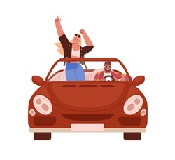 Happy romantic couple traveling by car. People in cabrio at road trip. Man driving convertible with woman standing. Summer auto ride in open top. Flat vector illustration isolated on white background
