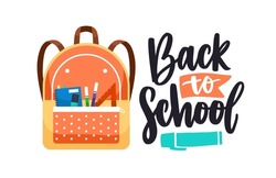 Back to school, lettering composition and packed schoolbag with stationery in pocket. Kids backpack, bag with pens, notebook and other supplies. Colored flat vector illustration isolated on white