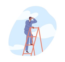 Businessman at top of career ladder with growth limits, searching for new opportunities, looking in future. Concept of ambitions and aspirations. Flat vector illustration isolated on white background