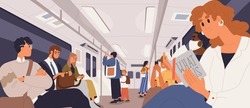 People inside subway train, stand and sit with books and mobile phones. Passengers commuting in city public transport. Modern metro wagon interior. Flat vector illustration of underground carriage