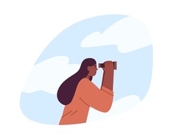 Person looking forward in future with binoculars, searching direction, opportunities and solutions, focusing on aim. Aspirations concept. Flat vector illustration isolated on white background