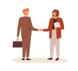Business partners shaking hands. Handshake of man and woman making deal, coming to agreement and concluding contract. Partnership concept. Colored flat vector illustration isolated on white background