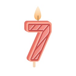 Number-shaped candle for age of 7 birthday. Wax decoration for 7th year anniversary. Bday cake decor with glowing flame. Burning candlelight. Flat vector illustration isolated on white background