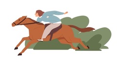 Person hurrying and rushing to aim. Fast life with ambitions and aspirations concept. Ambitious woman riding on horseback. Female horse rider. Flat vector illustration isolated on white background