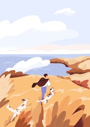 Person walking with dogs in peaceful autumn nature. Happy man and pets outdoors, resting by sea on fall holidays. Serene landscape. Happiness and freedom concept. Colored flat vector illustration