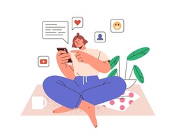Woman with mobile phone, using social media and chatting online. Person with smartphone, surfing internet and texting, relaxing with cell at home. Flat vector illustration isolated on white background