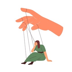 Manipulation, control, domination concept. Master manipulates, dominates obedient woman marionette. Person attached to strings and hand of abuser. Flat vector illustration isolated on white background