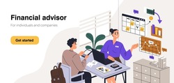 Financial advisor landing page. Website template of finance agent, money consultant. Accounting consultancy, online accountant expert service for tax law literacy. Flat graphic vector illustration
