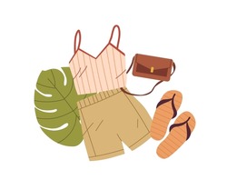 Summer tourists clothes, shoes, accessory. Female top, women shorts, beach flip-flops, bag composition. Apparel, garments for summertime vacation. Flat vector illustration isolated on white background