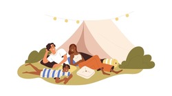 Happy interracial family at camping on summer holidays. Parents and kid near tent, relaxing outdoors in nature. Mother, father, girl resting. Flat vector illustration isolated on white background