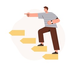 Person going up on steps. Development, progress, career growth concept. Man climbing stairs, on way to success, pointing, aiming at goal, growing. Flat vector illustration isolated on white background