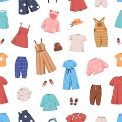 Seamless childish pattern with kids clothes print. Childrens summer fashion apparel, accessory on endless background. Repeating texture with girls dress, shoes, hat. Colored flat vector illustration