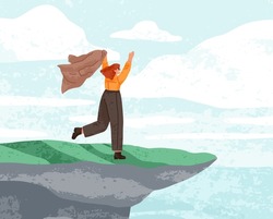 Happy free woman rejoicing on top, edge of mountain cliff. Person gesturing arms up, feeling independent, looking at sea view landscape. Freedom, unity with nature concept. Flat vector illustration