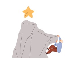 Overcoming obstacles, achieving challenging goal concept. Person climbing up to mountain peak, success. Aspiration to aim target through hurdles. Flat vector illustration isolated on white background