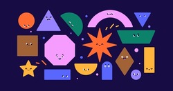 Geometric shape characters with cute face, emotion. Funny comic geometry figures for childish preschool maths. Rectangle, star, circle elements with eyes set. Isolated flat graphic vector illustration