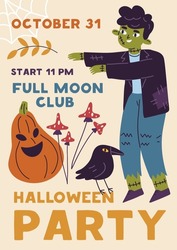 Halloween party flyer background design. Ad promotion card banner template with funny boy kid in zombie costume. October holiday poster, invitation for spooky night. Childish flat vector