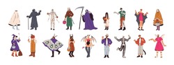 People in Halloween costumes set. Characters in spooky holiday outfits for Helloween masquerade, creepy festival, carnival. Witch, ghost, mummy. Flat vector illustrations isolated on white background