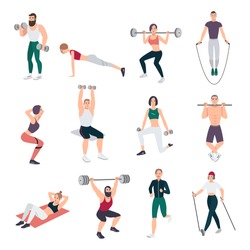 Gym people set. Young man and women engaged in sport. Different exercises collection in flat style. Vector illustration.
