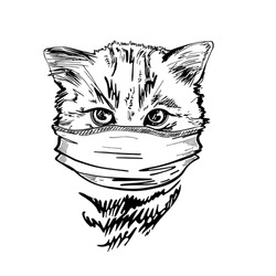 Portrait of a cat in a medical mask. Pandemic. COVID-19. Black and white graphics. Sketch drawing. The head of a cat.
