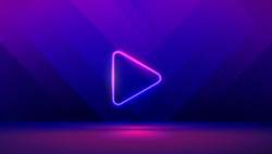 Play button on abstract purple and blue background. Multimedia, audio, video, cinema, music abstract background with neon glowing triangle Play Icon. Vector image.