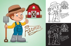Cartoon little boy farmer holding farming fork with red barn