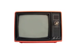 Old red television receiver with clipping path isolated on white background. Retro, vintage TV  technology style