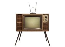 Retro old TV with antenna standing isolated on white background, Classic old television technology with wooden case, clipping path