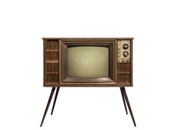 Retro old TV clipping path isolated on white background, Classic old television technology with wooden case.