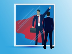 Vector illustration of businessman facing his inner super strength in the mirror. Self confidence