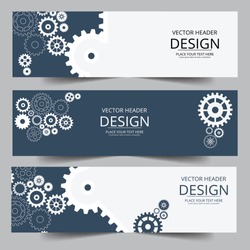 Abstract header web banner techno gear background with geometric colorful gear wheels. Space for gear text. Vector gears modern mechanism industrial concept. Technology gears background. Gears Vector.