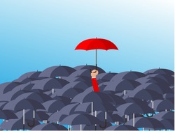 Uniqueness and individuality. Man holding a red umbrella among people with black umbrellas. Standing out from the crowd.Difference concept. Vector illustration flat design. Isolated on background.
