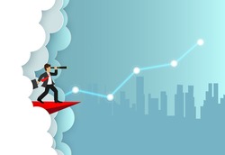 Business Success concept. Businessman standing on a plane paper looking with the telescope growth modern ideas And to achieve higher. Cartoon, illustration of sky with cloud and mountain. Vector
