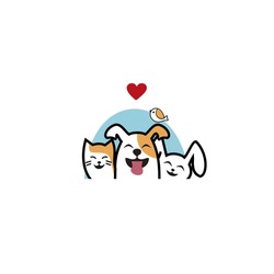 Pet care logo design; a design that combines cute pet dogs, cats, rabbits and love so that they look happy