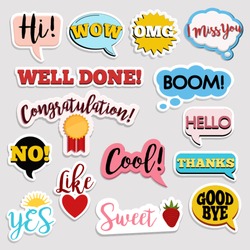 Set of flat design social network stickers with notes. Vector illustrations for online communication, networking, social media, chat, web design, mobile message, marketing material.