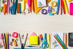 School stationery supplies, wide copy-space in the centre
