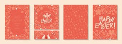 Modern universal artistic templates and seamless pattern. Happy Easter Holiday cards and banners. Floral frames and backgrounds design. Wishes happiness, health and good luck. Vector illustration.