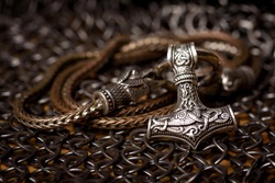  silver Hammer pendant on the chain, steel chain mail and Viking helmet. Handmade. . Viking's symbol.