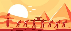 Construction of Egyptian pyramids. Slaves move blocks for building. Vector illustration
