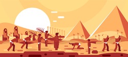 Slaves In Egypt - Passover illustration of slaves carrying bricks and a stylized landscape of the pyramids in the background