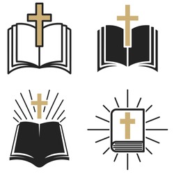 religious community. Set of Emblem with Holy Bible and cross. Design element for poster, logo, badge, sign. Vector illustration